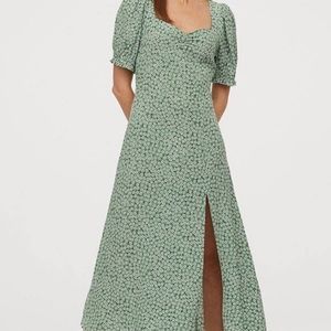 Green/white floral, midi dress with ruched sleeves and sexy slit